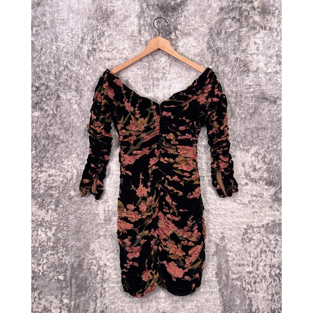 House Of CB Dress Small Womens Black Floral Velvet Ruched Mini Cocktail - Picture 4 of 9